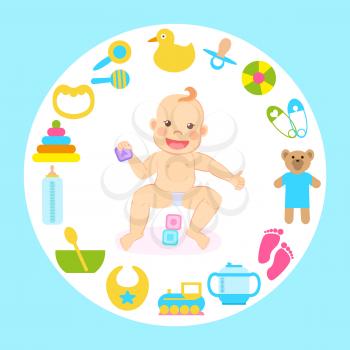 Child sitting with toys vector, rubber duck and plush bear, bowl with spoon and pins, dummy comforter and bottle with milk. Kid wearing diaper playing