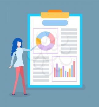Woman showing infographics vector, business lady with visualized information. Pie diagram on clipboard, business info on board, statistics result