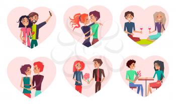 Couples in love and happiness, man and woman taking selfie, kissing people, girlfriend and boyfriend sitting in cafe isolated on vector illustration