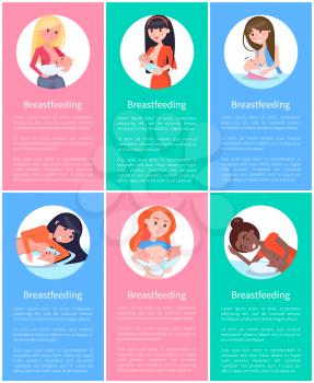 Six breastfeeding banners with colorful backdrops, joyful standing and lying moms lactating their cute small children, white text sample and frames