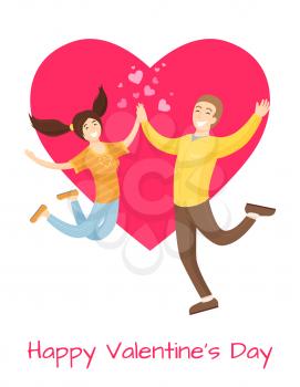 Happy Valentines day poster lovers merrily jumping, boyfriend and girlfriend leaping from joy vector illustration isolated on pink heart at background