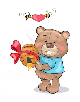 Male teddy bear in blue t-shirt holding hive full of honey and smile, bees flying with red heart above him, present for Valentines Day vector on white