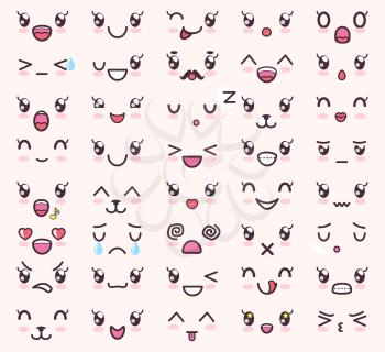 Kawaii emotions, poster with collection of emoticons, anger and love, sadness and happiness, glowing cheeks, vector illustration isolated on pink
