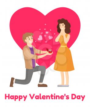 Happy Valentines day poster man making proposal to woman, vector illustration of couple in pink hearts symbols of love isolated on background of heart