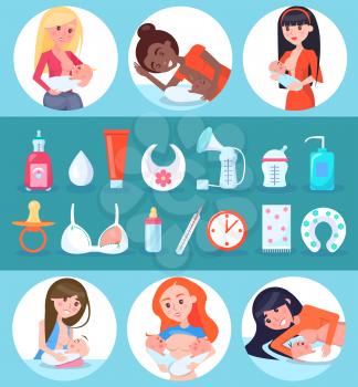 Breastfeeding and children, set of circled images and items, bra and soother, tube and container, clock and thermometer isolated on vector illustration