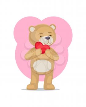Adorable teddy gently holds heart at head, lovely bear animal with red balloon or pillow, vector illustration greeting card design on Valentines day