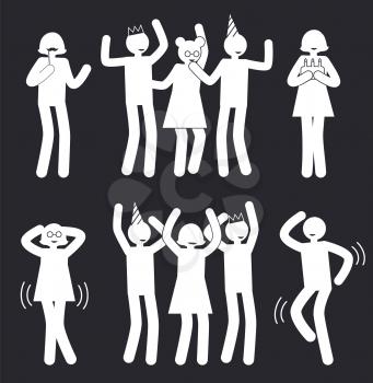 People at party in cheerful funny dynamic poses white silhouettes of men and women isolated cartoon flat vector illustrations set on black background.