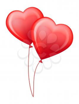 Red glossy helium balloons in shape of big hearts on thin threads for Valentines day isolated cartoon flat vector illustration on white background.