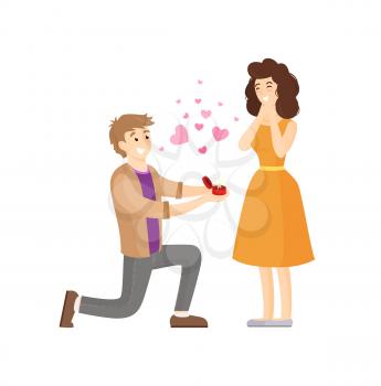 Man making proposal to woman presenting her wedding ring, vector illustration of happy couple in pink hearts symbols of love isolated on white