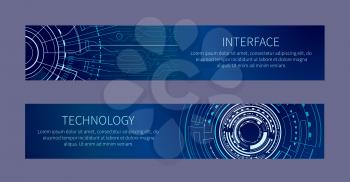Interfase and technology card vector illustration with white text, geometric figures, bright lines, squares line and pointers isolated on dark blue