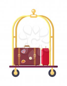 Two bags on cute bogie vector illustration with red and brown suitcases with various stickers, golden carcass, pair of black wheels, isolated on white