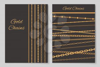 Gold chains, collection of covers, posters made up of jewel items and headlines in decorative fonts, vector illustration isolated on grey background