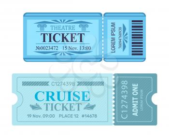Theatre ticket cruise coupon set of vector illustrations pass admissions to entertainment and travelling event with control check code in blue colors