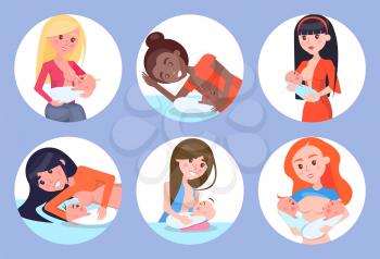 Breastfeeding mothers and kids, children eating and drinking milk, care for newborn babies, circled images, vector illustration, isolated on grey