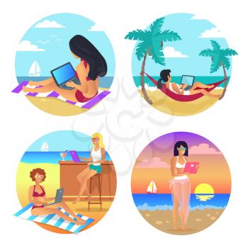 Business summer, women set, businesslady sitting with laptop in hammock at sunset, girl wearing swimming suit, cockrails and bar vector illustration
