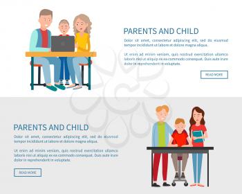 Parents and child sitting in front of open laptop watching movie or doing homework together. Family on chairs at table study with help of computer vector