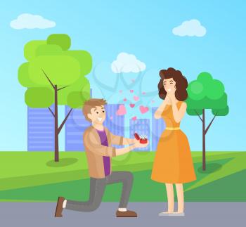 Man making proposal to woman, vector illustration of happy couple in pink hearts symbols of love isolated on background of skyscrapers in city park
