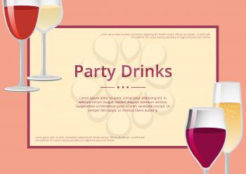 Party drinks red wine and champagne glasses set of posters with place for text, vector illustration of glassware with winery and frame on banner