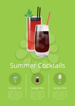 Summer cocktails colorful vector illustration isolated on green background two beverages in glasses with ice pieces and mint, pretty icons text sample