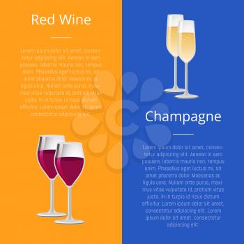 Red wine and champagne glasses set of posters with place for text, vector illustration of glassware with winery drinks on orangeand blue background