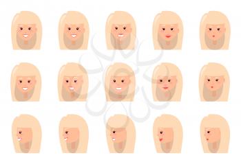 Emotions of blonde woman set, broad smile, and laughing female, angry lady, and shy girl, collection of feelings, isolated on vector illustration