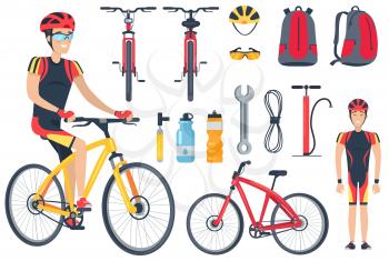 Cyclist and bicycle, tools set and icons of bottles, backpack and helmet with glasses, sport and leisure of man, vector illustration isolated on white