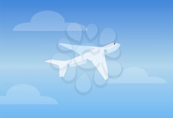 White aircraft in bright blue sky color vector illustration, three round big clouds, light day, lot of shadows on the air vehicle, one black window