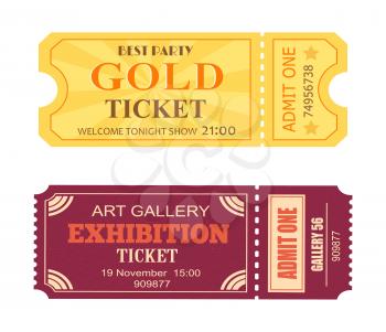 Best party gold ticket art gallery exhibition coupon with date and seat info, admit one permission and pass code line vector illustration set