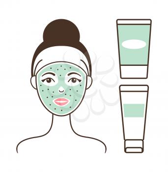 Girl s face with green mask vector illustration of smiling woman with scrub and cute bandage, two cream vials, banner isolated on white background