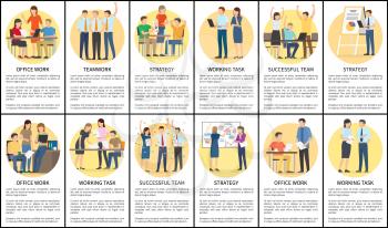 Office work and teamwork, strategy and working task posters set text sample and headlines, people at work and success, isolated on vector illustration