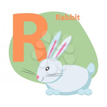 Children ABC with cute animal cartoon vector. English letter R with funny rabbit flat illustration isolated on white background. Zoo alphabet with pet and caption for preschool education, kids books