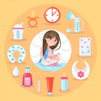 Breastfeeding mother and kid, poster with circled image and woman with child, objects for care, vector illustration isolated on yellow background