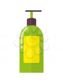 Big plastic bottle of aromatic liquid soap with convenient dispenser and yellow lable isolated cartoon flat vector illustration on white background.