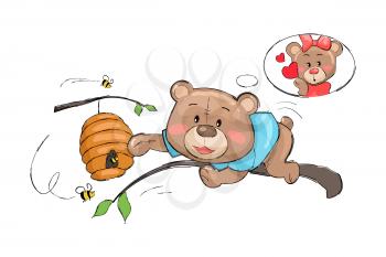 Male bear going to take honey from hive full of bees as a present for his lovely teddy-bear girlfriend, female worried about boyfriend, vector isolated
