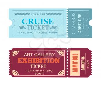 Art gallery exhibition cruise coupon set of vector illustrations pass admissions to entertainment and travelling event with control check code