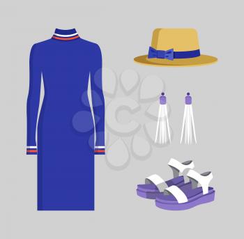 Long blue dress with accessories, colorful banner, cute hat with elegant bow on it, pair of sandals, beautiful white earrings, vector illustration