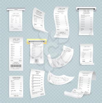 Paper checks with sums of money for purchases separate and from apparatuses isolated realistic vector illustrations set on transparent background.