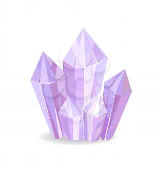 Crystalic stone of purple color, precious luxury object with transparent texture and geometric shape, vector illustration, isolated on white