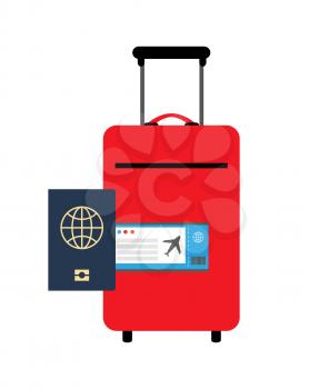 Travelling poster, luggage of red color with handle and passport with image of globe, icon of plane, vector illustration isolated on white background