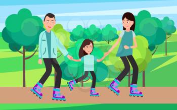 Family roller skating together vector illustration in park on background of trees and bushes. Parents teach child to skate on rollers, spending free time