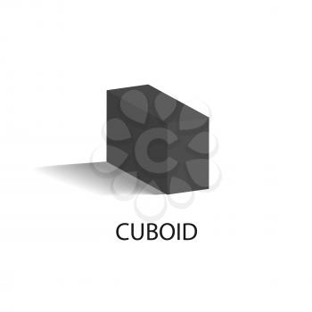 Cuboid black geometric figure that casts shade. Three-dimensional shape of dark color. Parallelepiped cuboid with even opposite sides vector illustration.