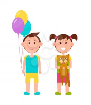 Couple of cute children, color vector illustration isolated on white backdrop, boy with three balloons, girl with pretty brown cat, colorful clothes
