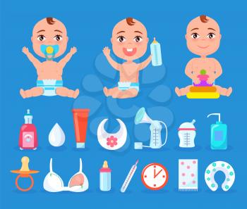 Baby and items for care, collection consisting of bottles and tubes, bra for mothers, bib, blanket and soother objects isolated on vector illustration