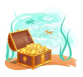Gold treasure in wooden chest at ocean bottom. Shiny coins hidden in water among fishes and seaweed. Precious treasures isolated vector illustration.