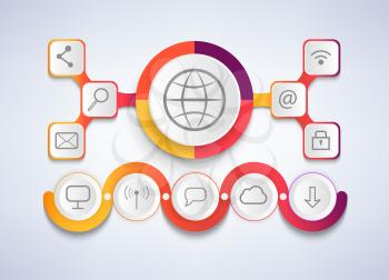 Complicated infographic composed of two schemes. Internet themed round icons set connected with bright line isolated realistic vector illustration.