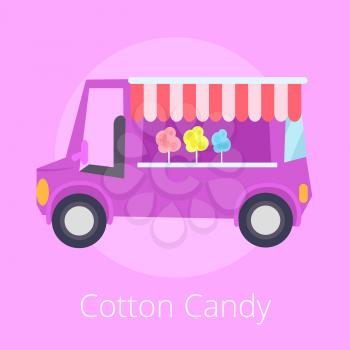 Cotton candy, shopping store in form of car headline and image of stall, sweets for kids and children, vector illustration isolated on pink background
