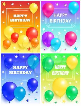 Set of happy birthday backgrounds glossy balloons with stars on multi color backdrops, flying air balloon greeting cards for birthday party greetings