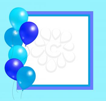 Empty frame with balloons party birthdays and anniversaries decorations, rubber balloon of blue color inflatable helium flying elements on border
