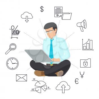 Sitting man in eyeglasses with laptop, color banner with technology icons in abstract circle, businessman in blue tie and shirt, business applications
