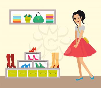 Pretty smiling girl in red skirt, clothes shop with boots and shoes on heels, shelf with colorful shirts, green handbag and flower vector illustration